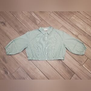 Marc New York green white poplin striped cropped long sleeve button up shirt